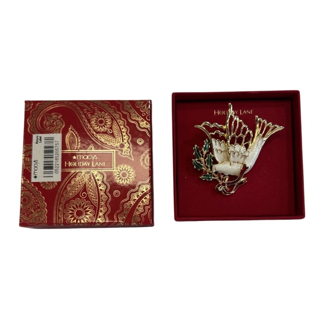 Holiday Lane Macys Christmas Dove Bird Brooch Pin‎ Gold Tone Enamel Holly Boxed